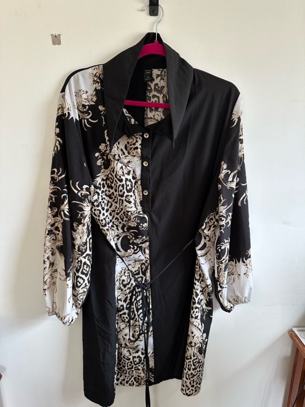 SHEIN Black and Cream Long Sleeve Button Front Dress